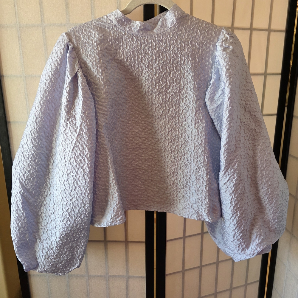 Sister Jane Blue Puff Sleeve Blouse with Mandarin Collar